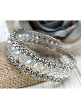 Beautiful Crystal Rhinestone Silver-Tone Wire Wrap Bracelet One Size Event Prom